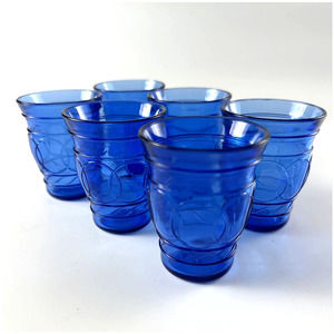 Vintage Hazel Atlas Ring O Rings Cobalt Blue Shot Juice Cordial Glasses Tumblers
